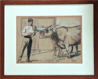 Bouvier au travail  signé en bas à droite. - Bernard Bécan