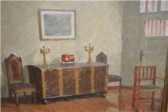 interior scene with candlesticks on a chest - Leonard Appelbee