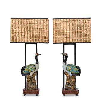 Pair of Crane Table Lamps
for William Haines Inc., porcelain, mahogany, enameled metal, box shade, bird with four-character maker's mark on the underside
overall height of each 41 1/4in (105cm); width 19 3/4in (50cm); depth 11 1/4in (29cm - Ted Graber