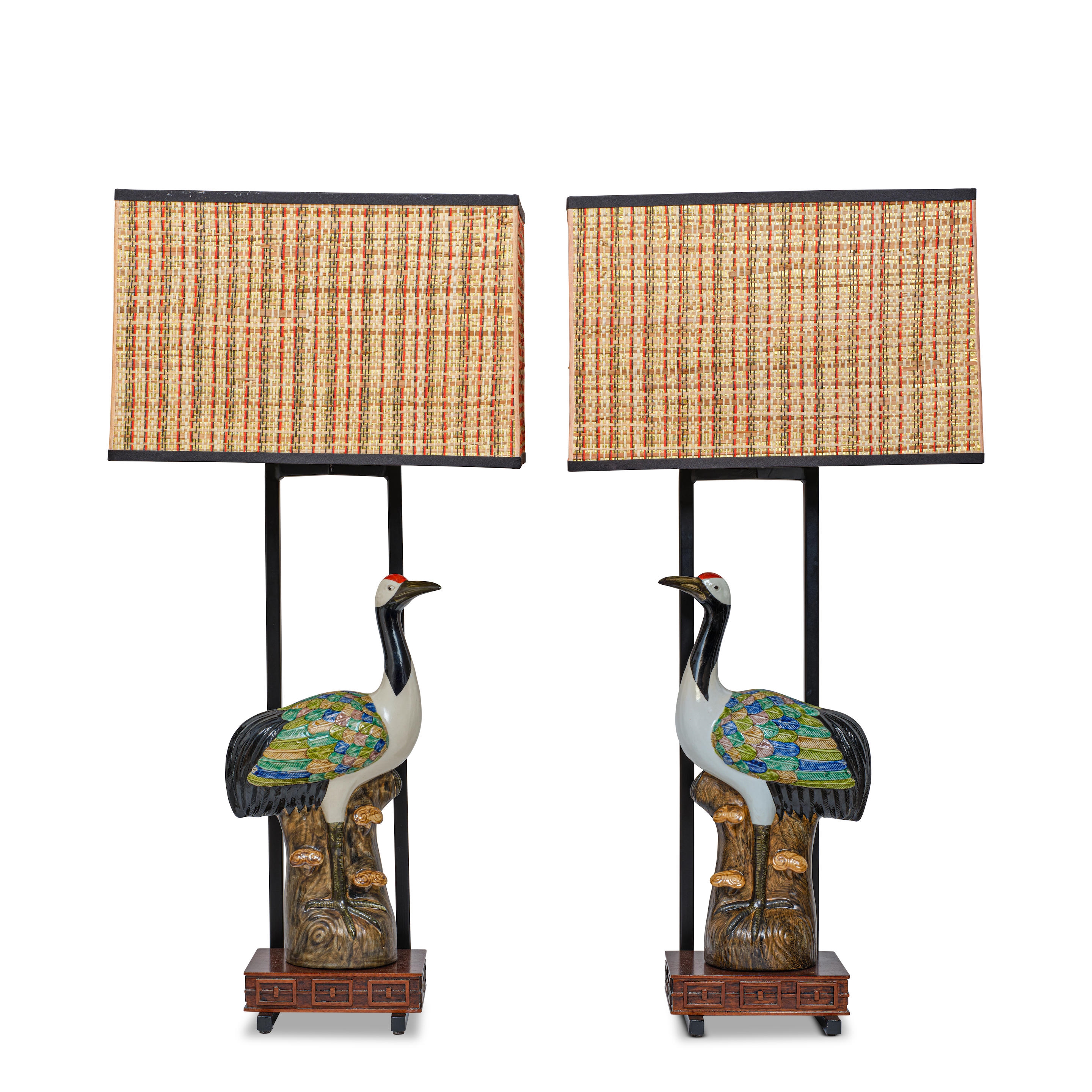 Artwork by Ted Graber, Pair of Crane Table Lamps
for William Haines Inc., porcelain, mahogany, enameled metal, box shade, bird with four-character maker's mark on the underside
overall height of each 41 1/4in (105cm); width 19 3/4in (50cm); depth 11 1/4in (29cm, Made of porcelain, mahogany, enameled metal