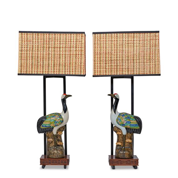 Pair of Crane Table Lamps
for William Haines Inc., porcelain, mahogany, enameled metal, box shade, bird with four-character maker's mark on the underside
overall height of each 41 1/4in (105cm); width 19 3/4in (50cm); depth 11 1/4in (29cm - Ted Graber