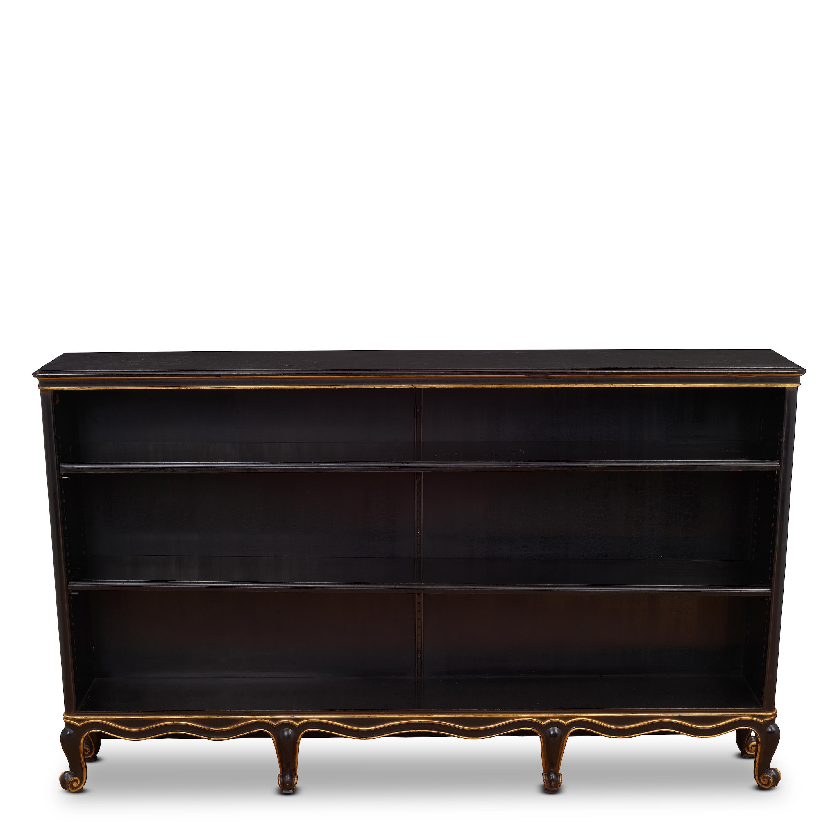 Artwork by Sven Toresson, Torgny Roloff, Pair of Rococo-Style Bookcases
circa 1931
for Nordiska Kompaniet, ebonized wood, parcel gilt, each with Nordiska Kompaniet plaques numbered 'R35777 - C19005'
height of each 39 1/2in (100cm); width 65 3/4in (167cm); depth 11 1/4in (28.5cm, Made of ebonized wood