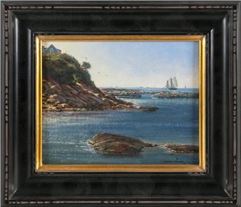 A serene coastal landscape featuring a rocky shoreline, calm blue water, and distant sailboats under a bright sky.