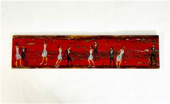 A horizontal painting featuring a line of small figures against a textured red background.
