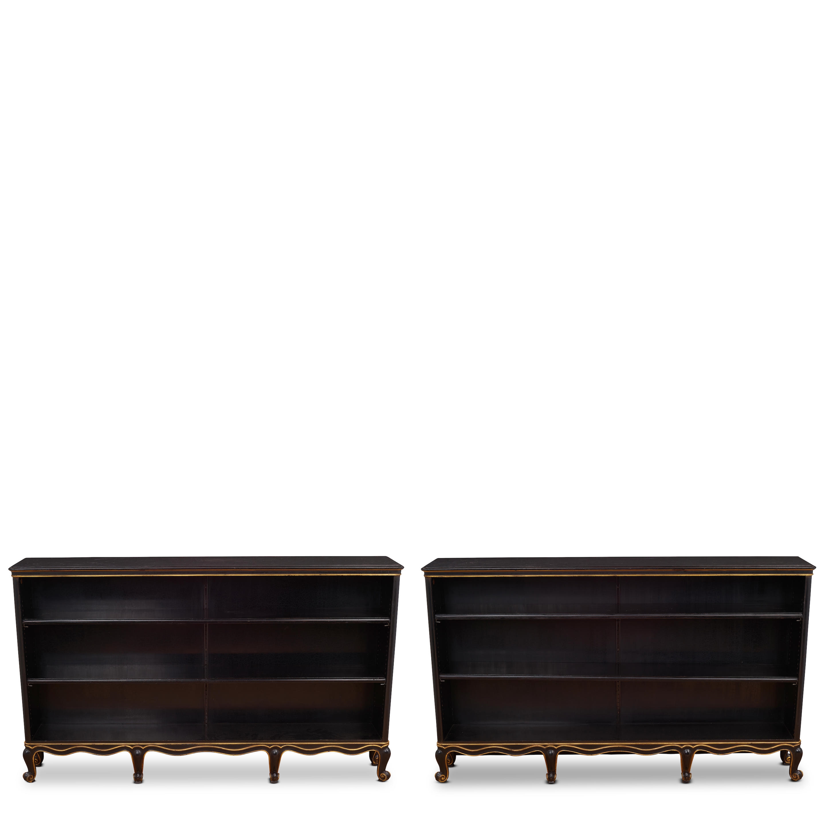 Artwork by Sven Toresson, Torgny Roloff, Pair of Rococo-Style Bookcases
circa 1931
for Nordiska Kompaniet, ebonized wood, parcel gilt, each with Nordiska Kompaniet plaques numbered 'R35777 - C19005'
height of each 39 1/2in (100cm); width 65 3/4in (167cm); depth 11 1/4in (28.5cm, Made of ebonized wood