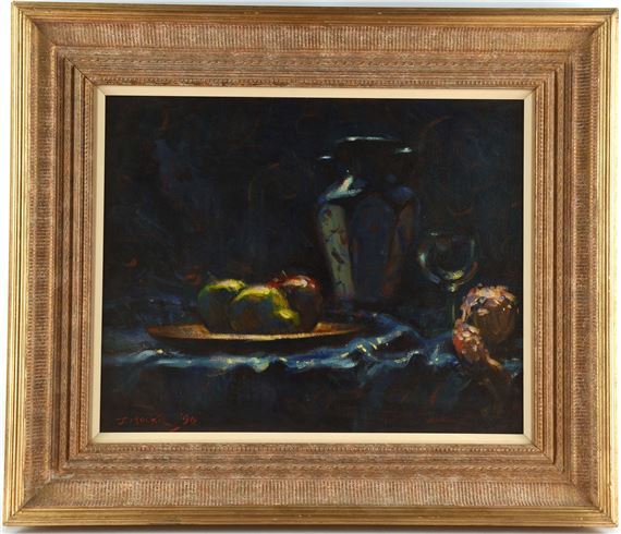 Artwork by John Mackie, a still life of apples and other objects, Made of oil on canvas
