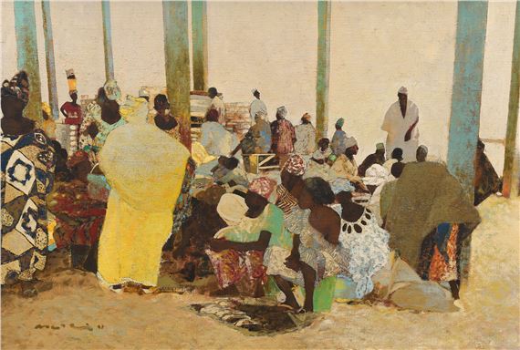 figures in an African market by Magí Puig, dated 2001