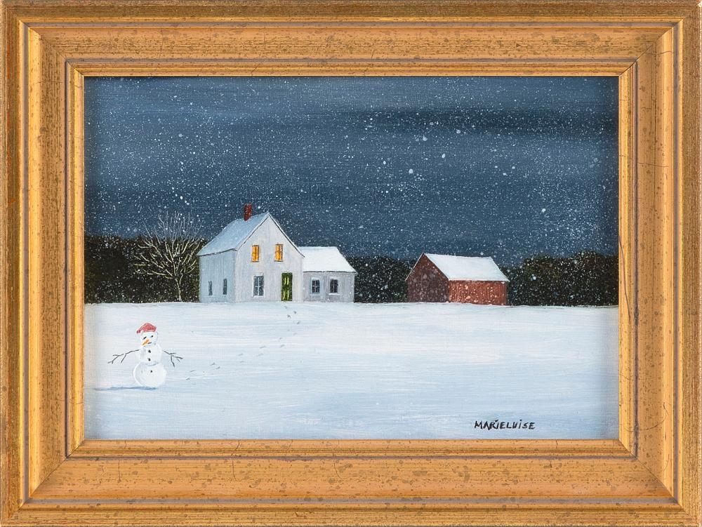 Artwork by Marieluise Hutchinson, House, barn and snowman on a winter night, Made of Oil on panel