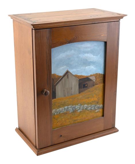 Small pine cupboard with oil painted decoration of a barn and stone wall