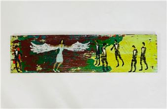 A rectangular mixed-media artwork featuring a central winged figure surrounded by silhouetted figures against a colorful, textured background.