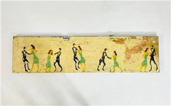 A rectangular wooden panel featuring a repeating pattern of stylized figures dancing in pairs.