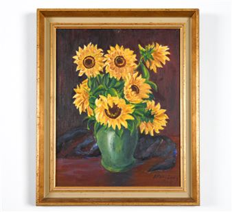 VINTAGE STILL LIFE SUNFLOWERS PAINTING O/B - O. Forsberg