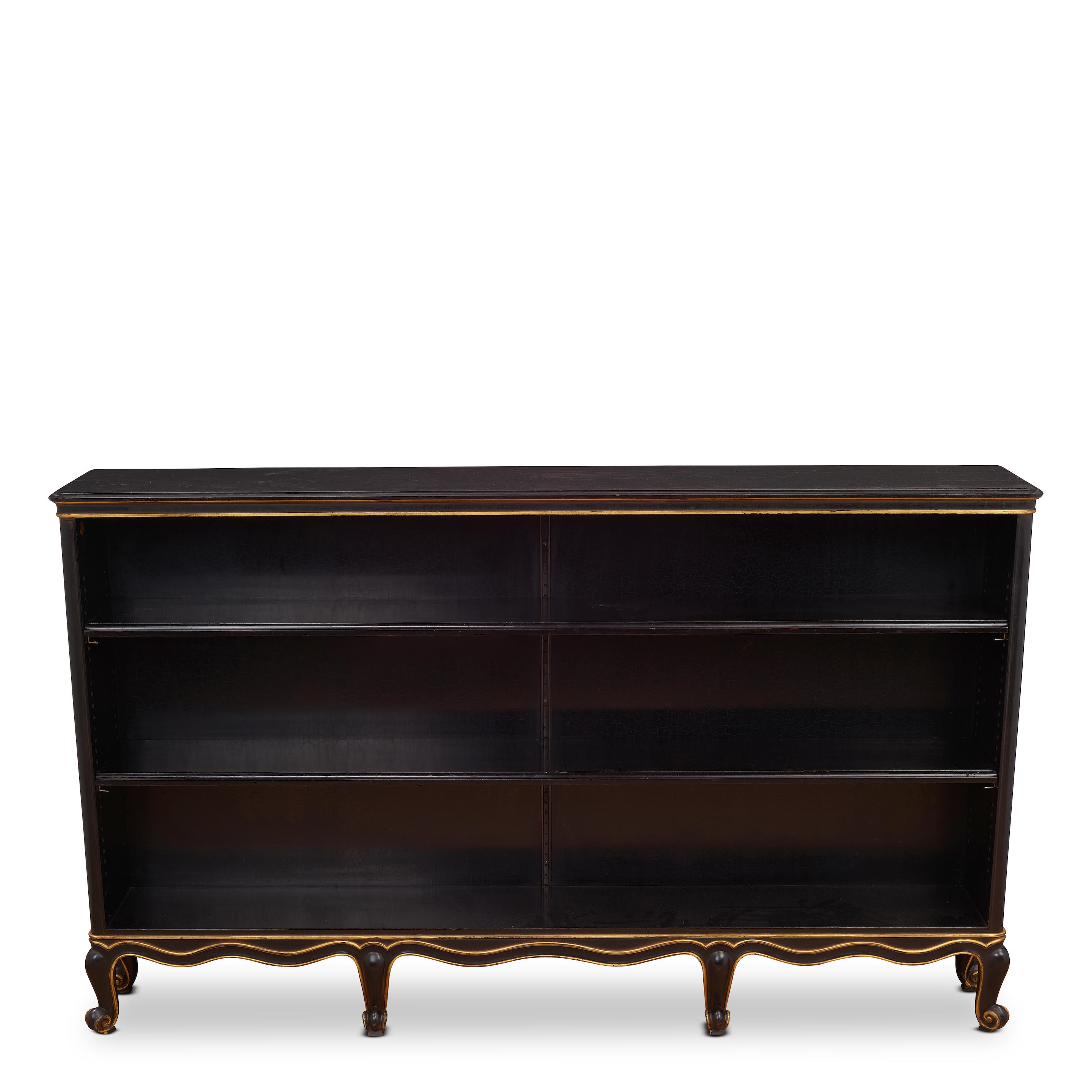 Artwork by Sven Toresson, Torgny Roloff, Pair of Rococo-Style Bookcases
circa 1931
for Nordiska Kompaniet, ebonized wood, parcel gilt, each with Nordiska Kompaniet plaques numbered 'R35777 - C19005'
height of each 39 1/2in (100cm); width 65 3/4in (167cm); depth 11 1/4in (28.5cm, Made of ebonized wood