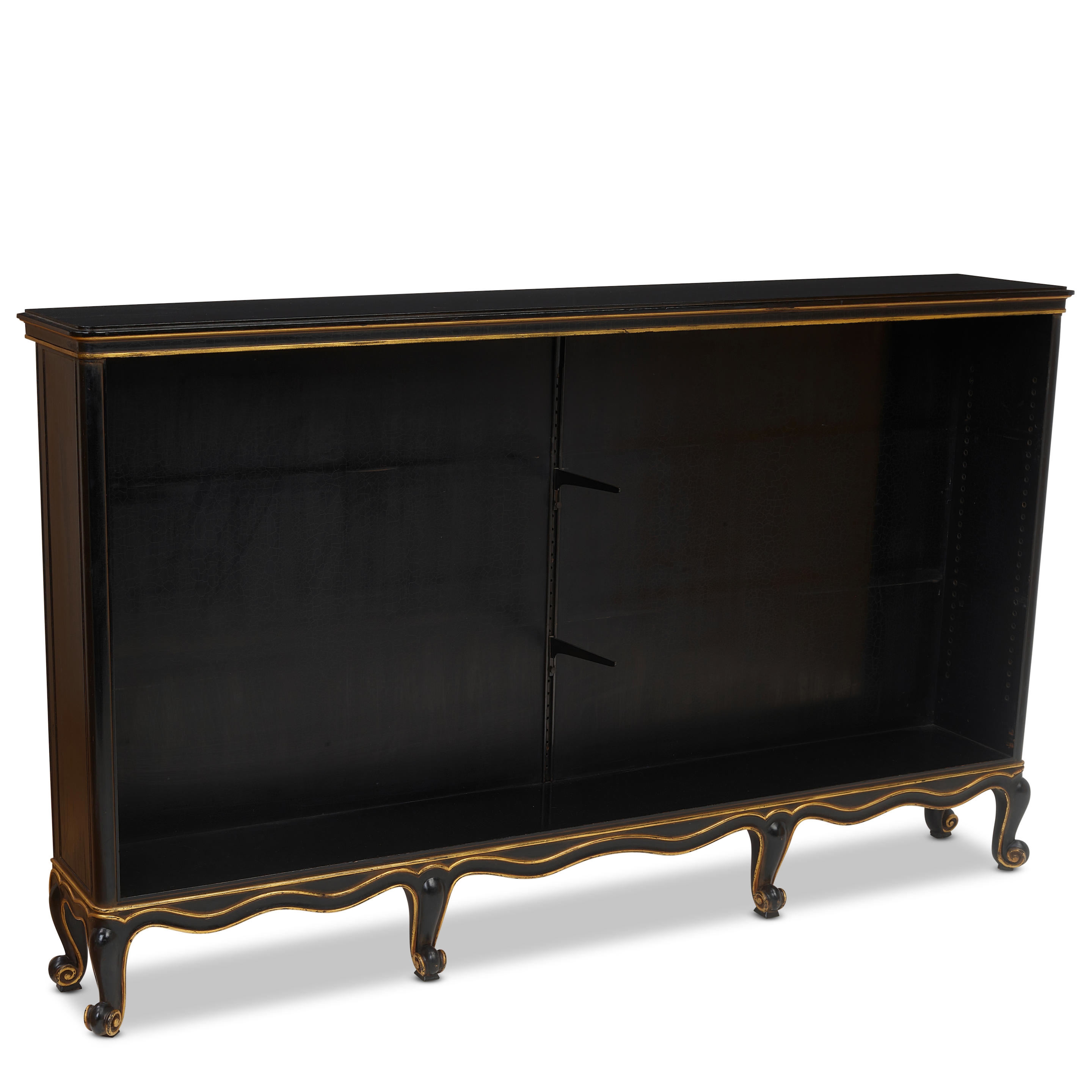 Artwork by Sven Toresson, Torgny Roloff, Pair of Rococo-Style Bookcases
circa 1931
for Nordiska Kompaniet, ebonized wood, parcel gilt, each with Nordiska Kompaniet plaques numbered 'R35777 - C19005'
height of each 39 1/2in (100cm); width 65 3/4in (167cm); depth 11 1/4in (28.5cm, Made of ebonized wood