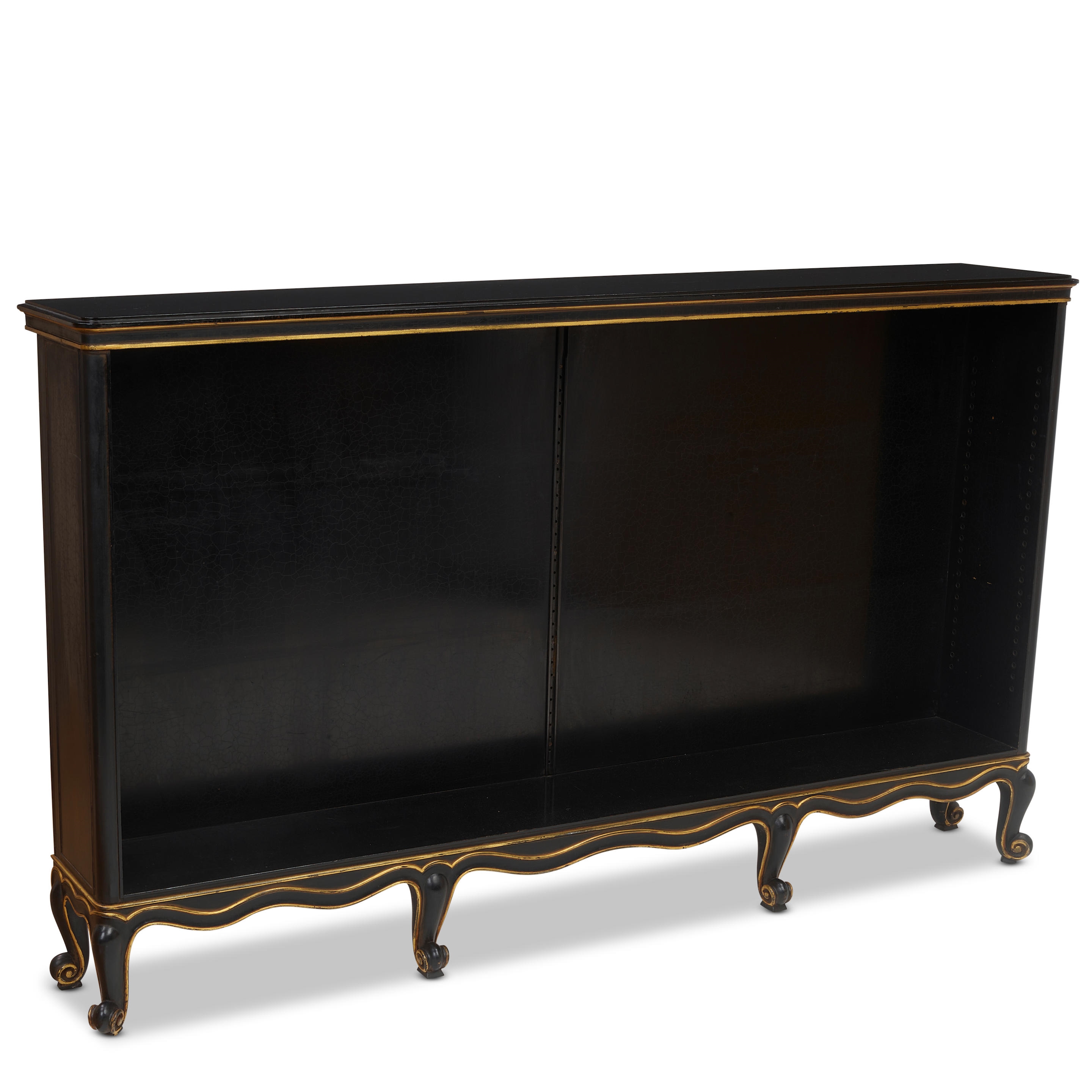 Artwork by Sven Toresson, Torgny Roloff, Pair of Rococo-Style Bookcases
circa 1931
for Nordiska Kompaniet, ebonized wood, parcel gilt, each with Nordiska Kompaniet plaques numbered 'R35777 - C19005'
height of each 39 1/2in (100cm); width 65 3/4in (167cm); depth 11 1/4in (28.5cm, Made of ebonized wood