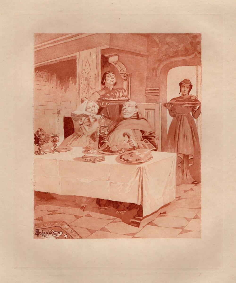 Artwork by Edmond Malassis, The Dinner Party, Made of copper plate engraving in red ink on Velin paper