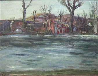 A moody landscape painting of a flooded village scene with bare trees and muted earth tones.