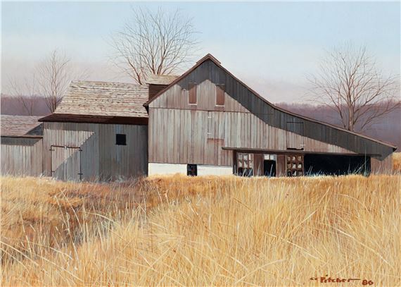 Barn in Woods by Charles Pitcher, 1986