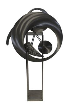 A sculptural composition featuring a large black spiral form intertwined with a geometric metal frame.