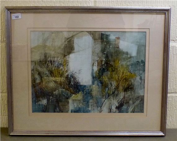 An abstract watercolor painting of a cityscape framed in wood.