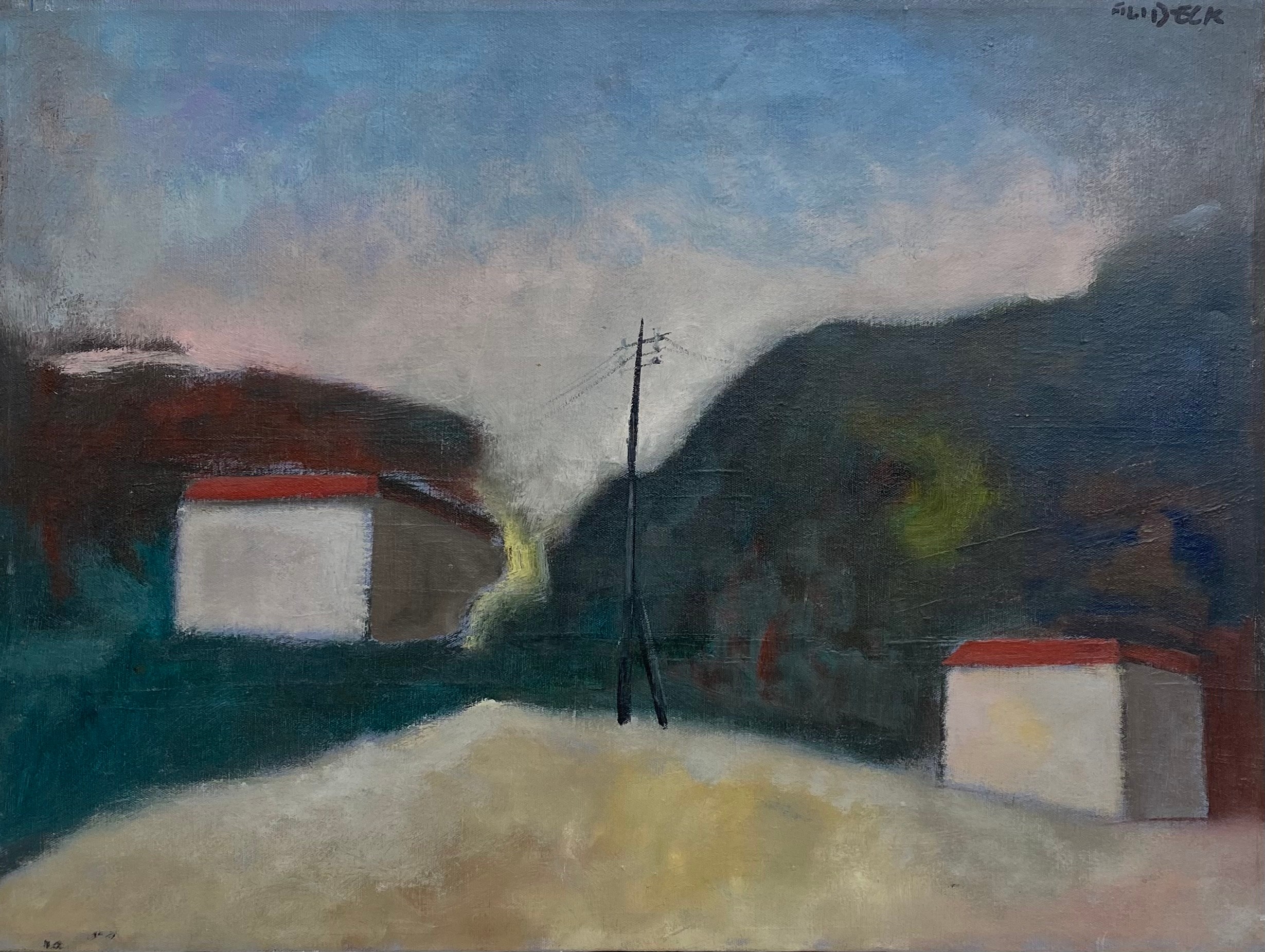 Artwork by Gilberto Filibeck, abstract buildings and pylon, Made of oil on canvas