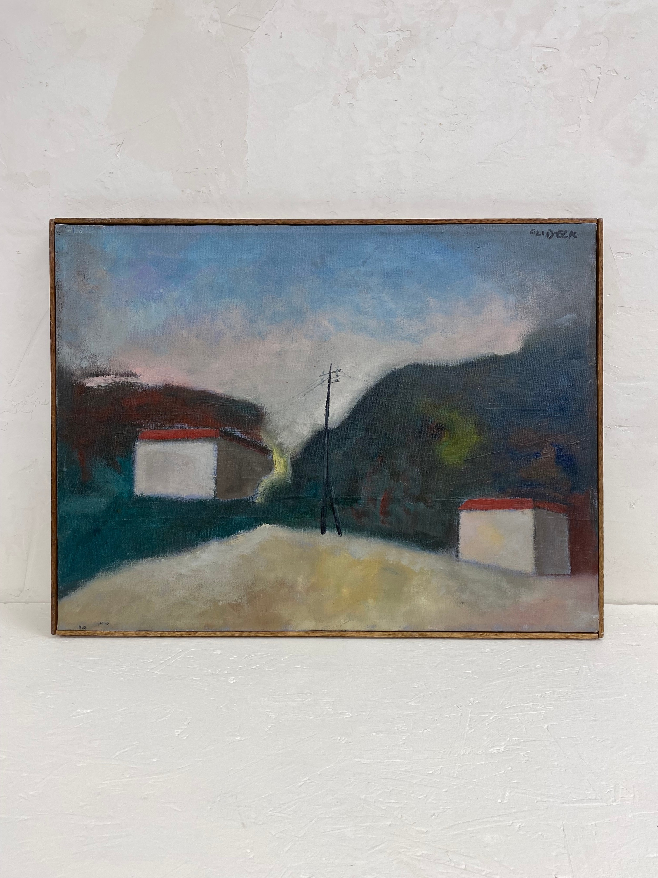 Artwork by Gilberto Filibeck, abstract buildings and pylon, Made of oil on canvas