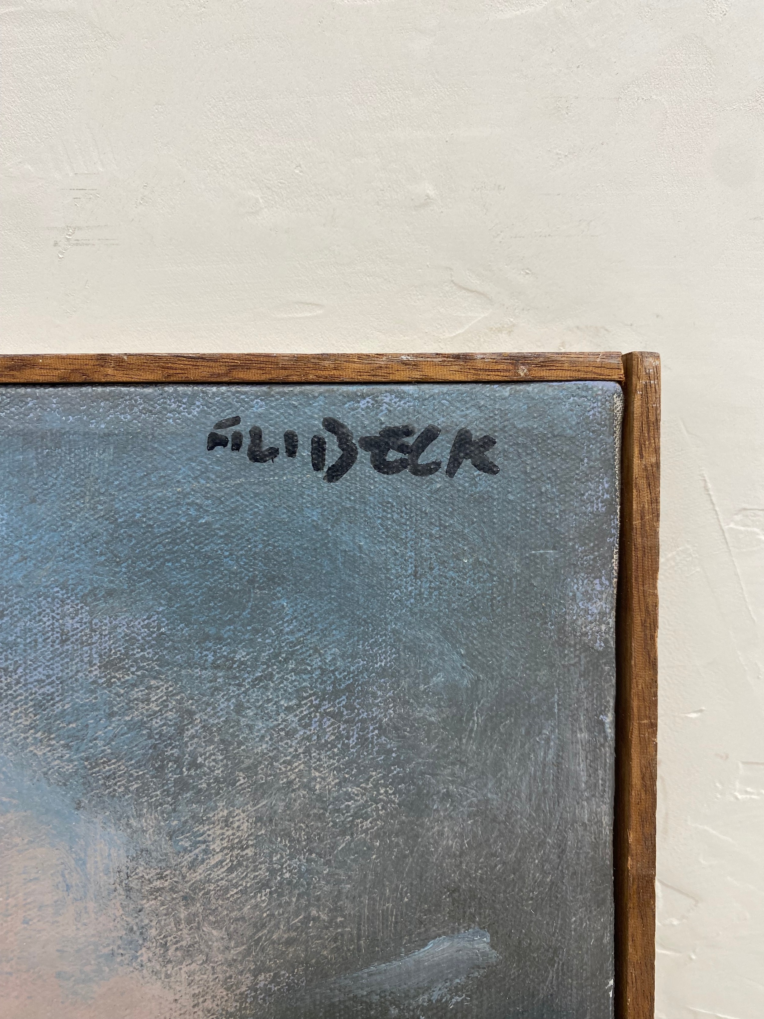 Artwork by Gilberto Filibeck, abstract buildings and pylon, Made of oil on canvas