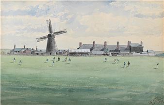 A watercolor landscape of a cricket match on a green field with a windmill and buildings in the background.