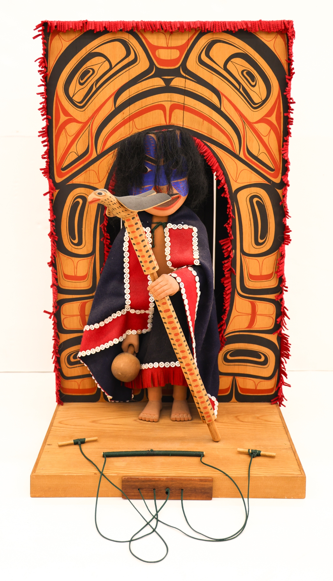 Artwork by Duane Pasco, NW Coast Native Dancer Marionette, Made of Cedar with Felt Button Blanket