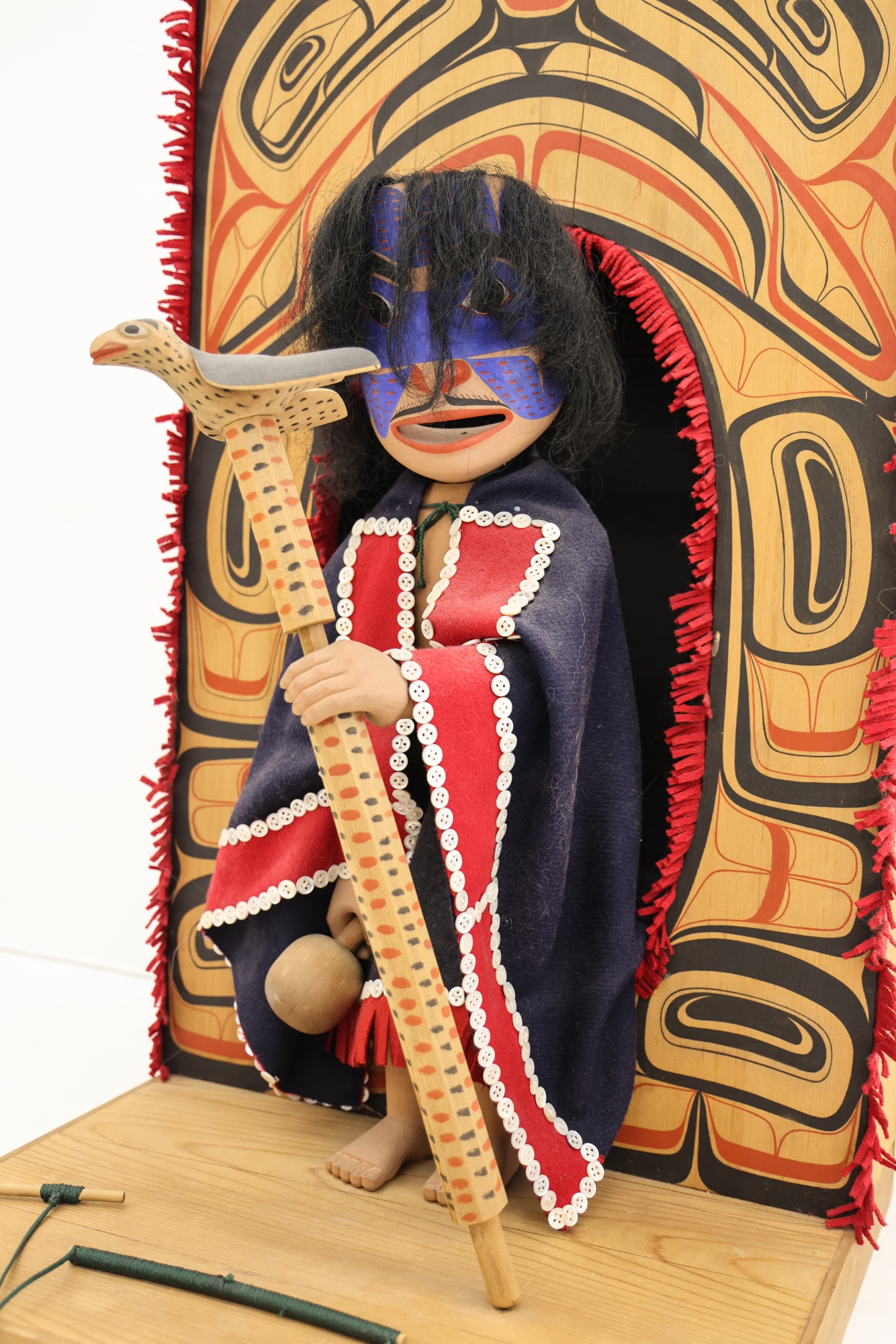 Artwork by Duane Pasco, NW Coast Native Dancer Marionette, Made of Cedar with Felt Button Blanket