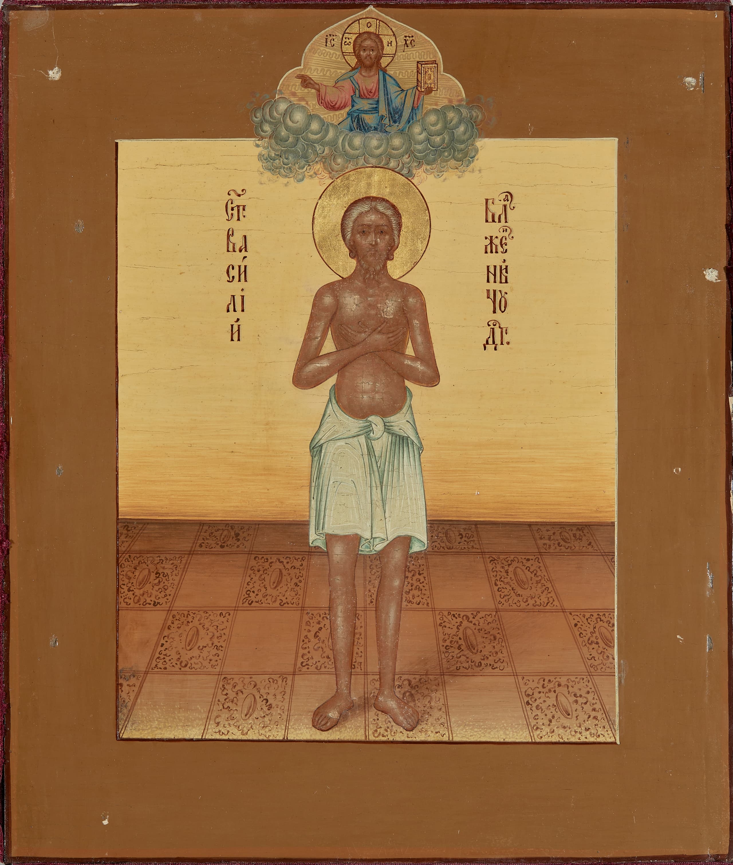 Artwork by Semyon Kazakov, SAINT BASIL THE BLESSED, Made of silver, wood, levkas, gold leaf, tempera