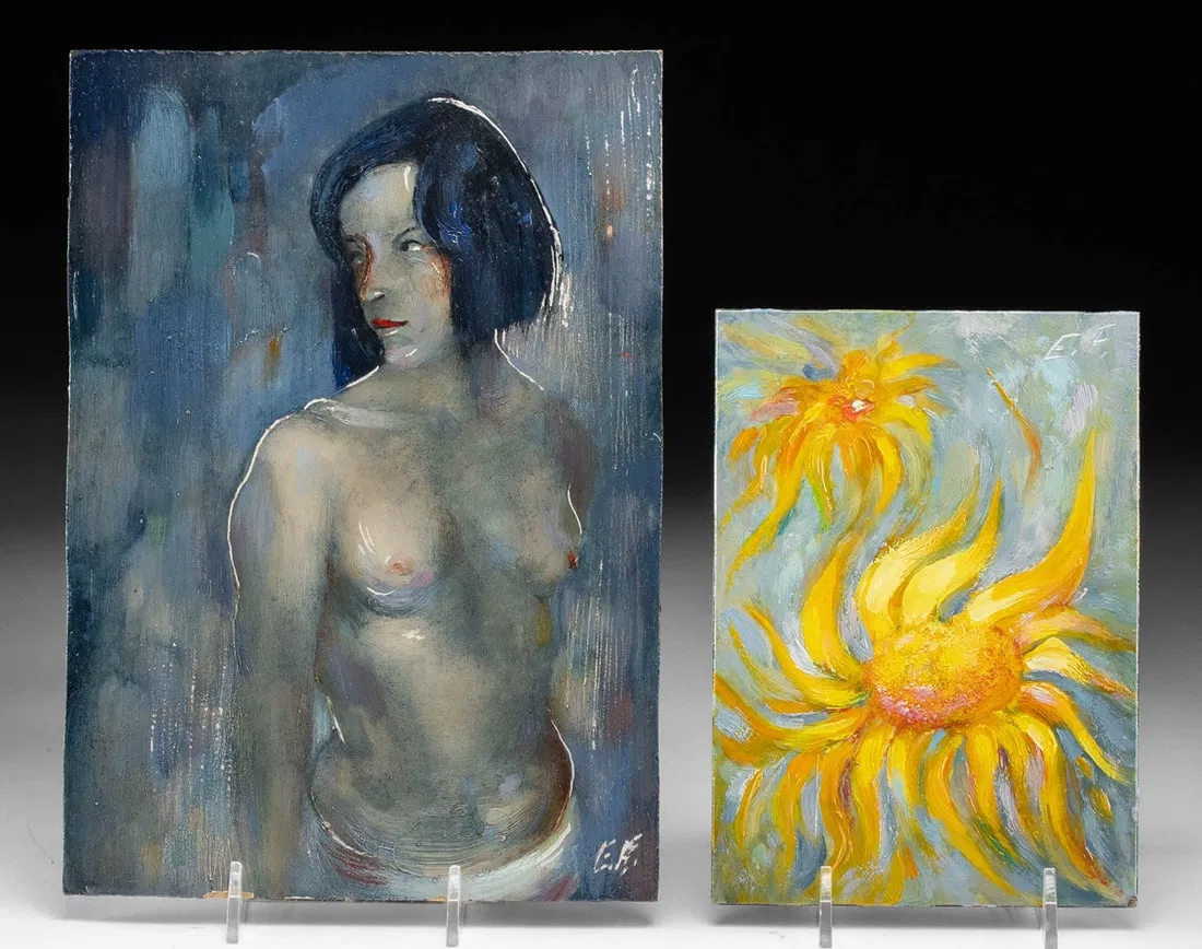 Artwork by Edwin H. Friedman, (1) Female Nude (2) "Sunflower", Made of oil on board