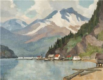 A serene landscape painting of a lakeside village nestled at the foot of snow-capped mountains.