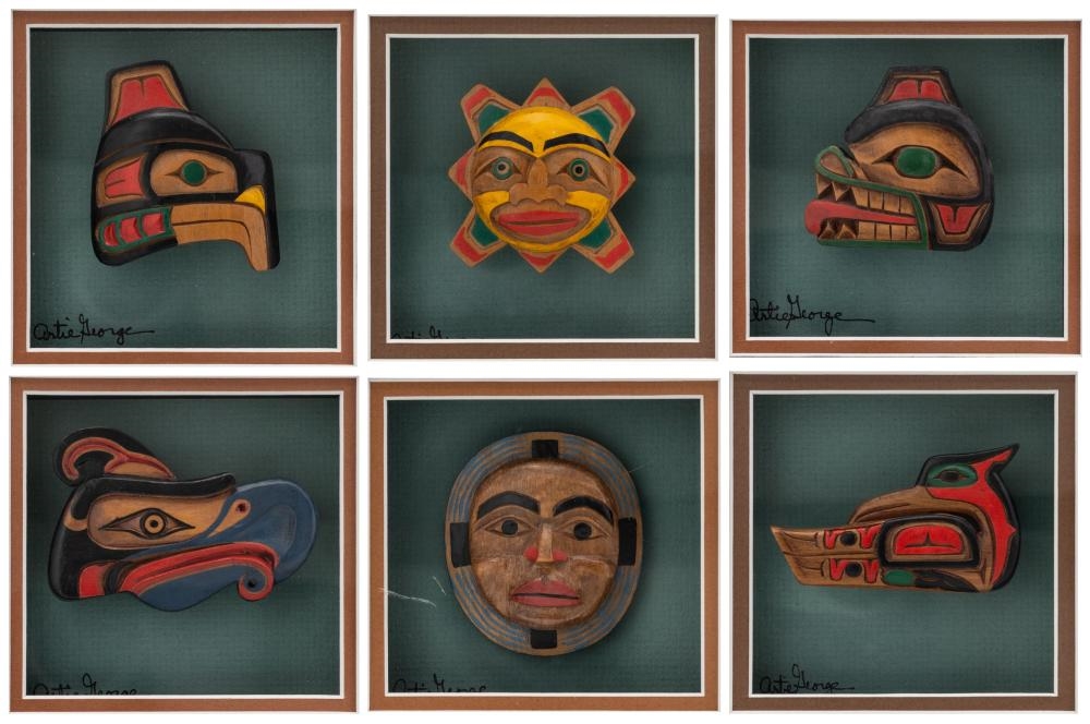Artie George | six framed carved and polychromed cedar miniature masks ...