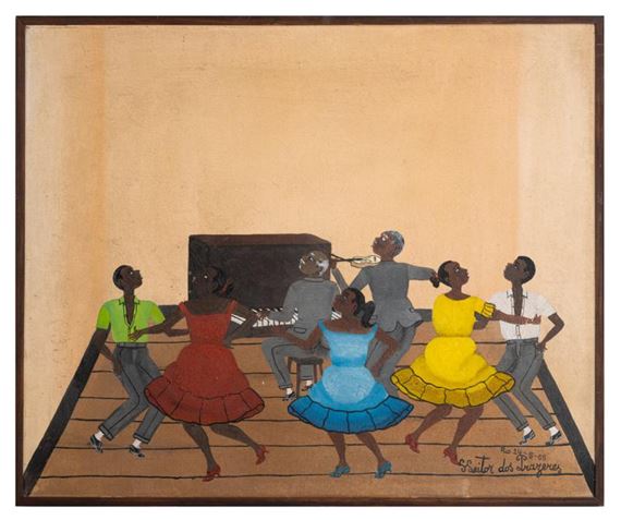A painting of a group of people dancing around a piano.