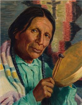 A painting of a woman holding a tambourine in her hands.