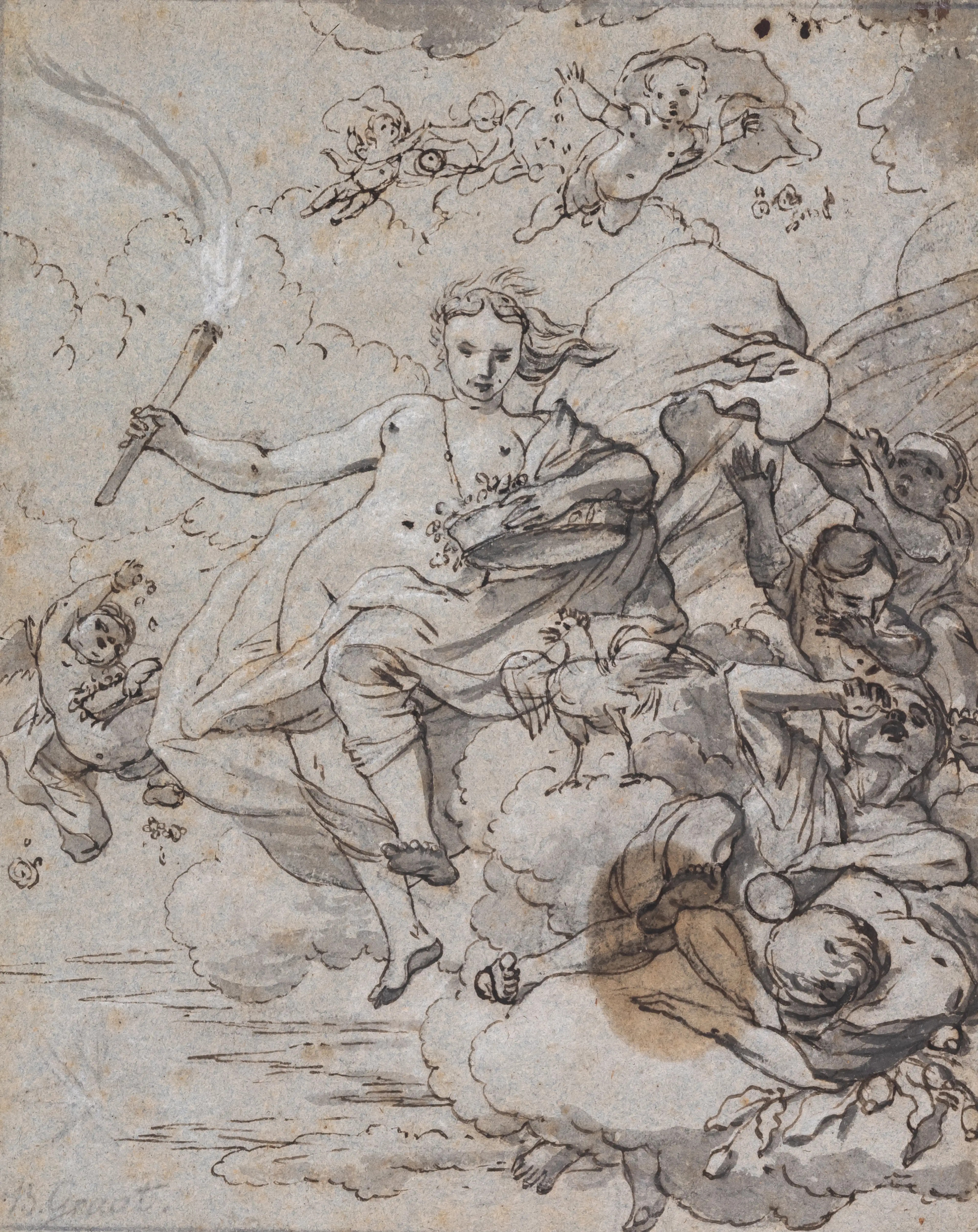 Artwork by Barendt Graat, Allegorical depiction of the Roman goddess Abundantia, Made of pen and ink, wash, black chalk