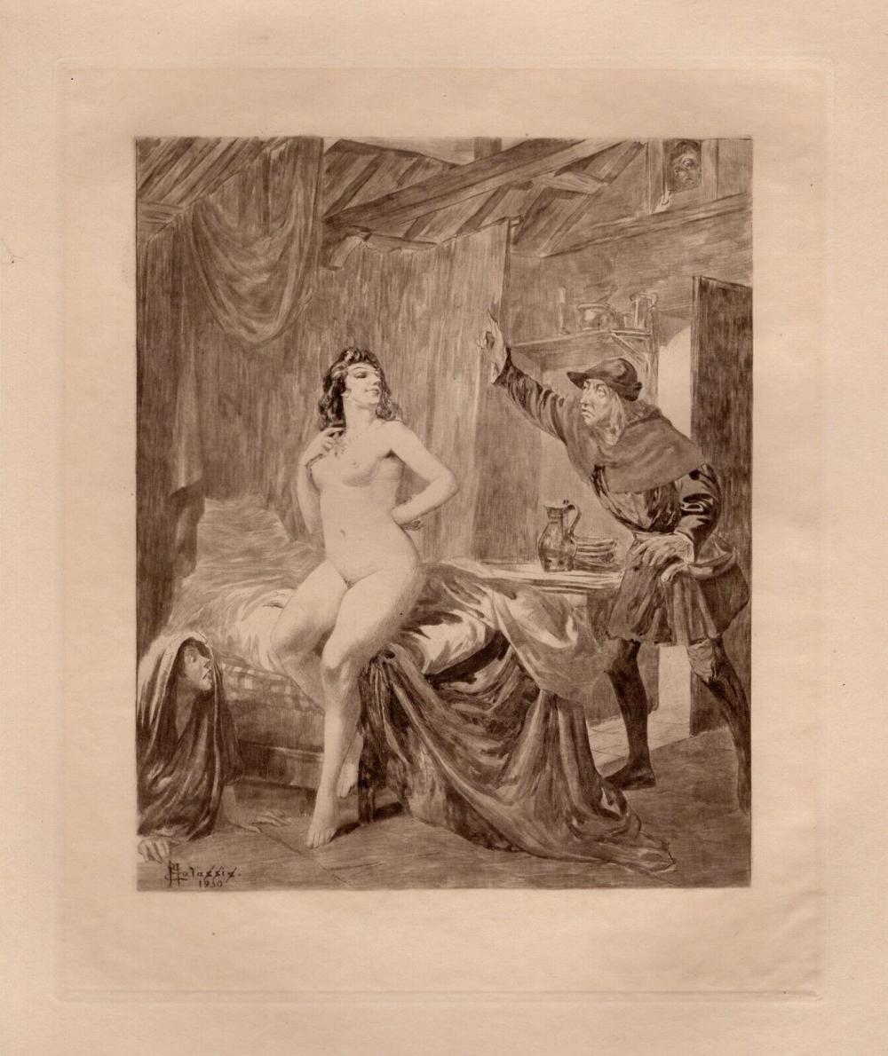 Artwork by Edmond Malassis, The Temptress, Made of copper plate engraving in black ink on Velin paper
