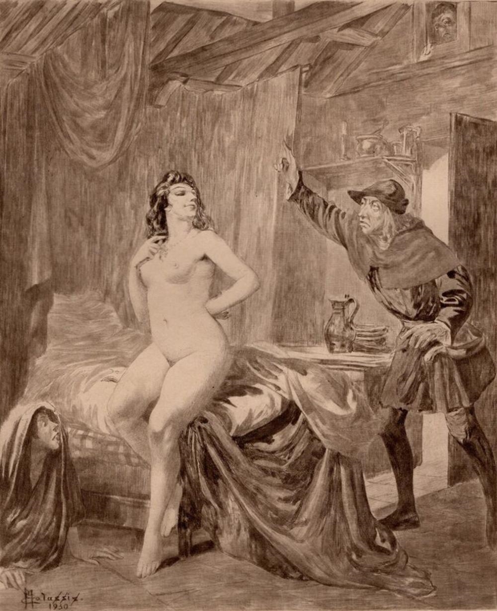 Artwork by Edmond Malassis, The Temptress, Made of copper plate engraving in black ink on Velin paper
