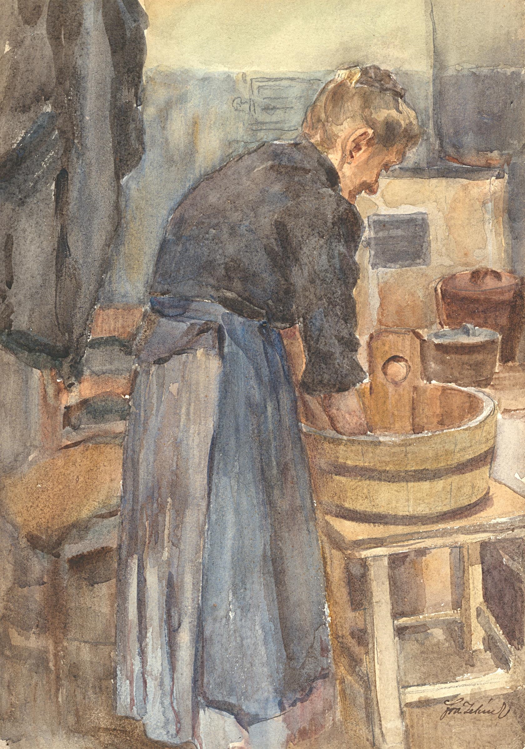 Artwork by František Antonín Jelínek, ena v domácnosti, Made of watercolor