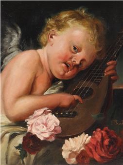 Putto mit Laute und Rosen - F. Fuchs