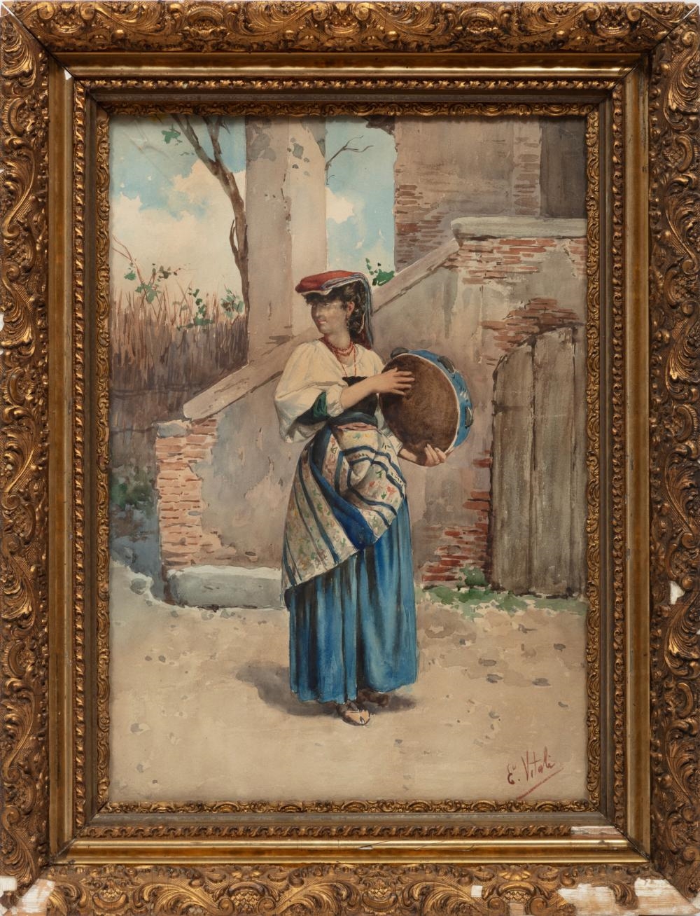 Artwork by Edouardo Vitali, Donna con Tammorra, Made of watercolor on paper laid on board