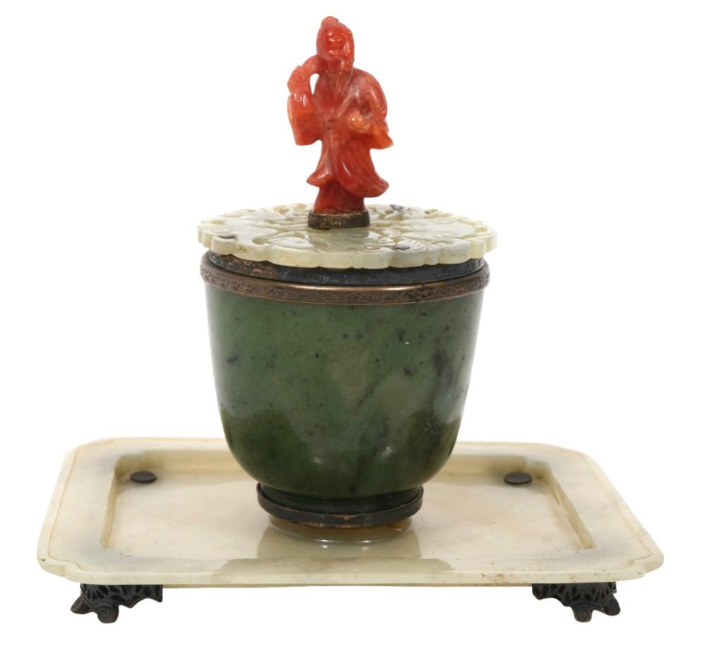 Artwork by Edward I. Farmer, Edward Farmer Sterling and Jade Inkwell, Made of Sterling, jade and stone