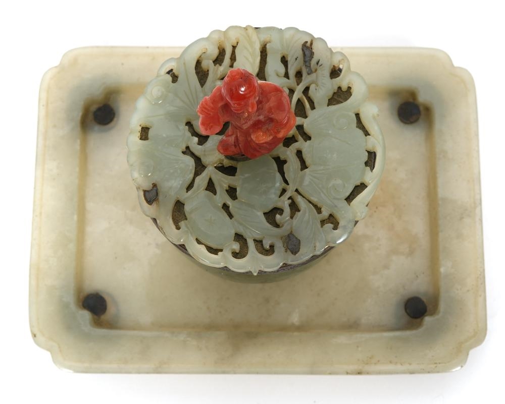 Artwork by Edward I. Farmer, Edward Farmer Sterling and Jade Inkwell, Made of Sterling, jade and stone