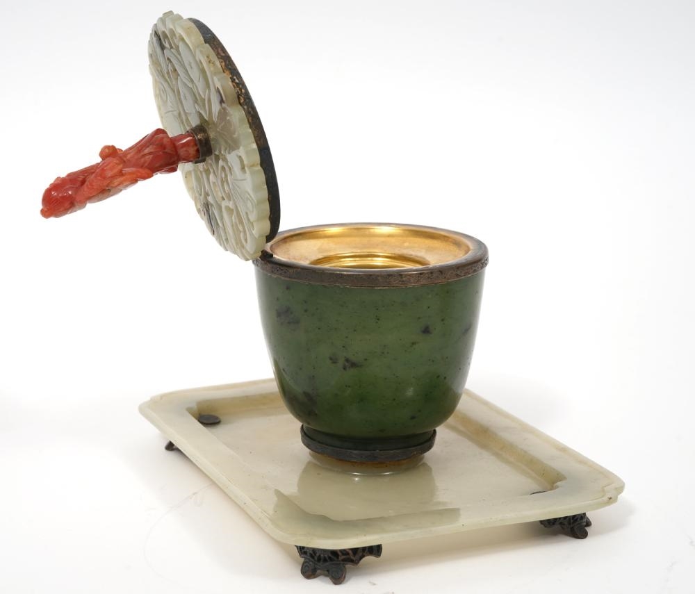 Artwork by Edward I. Farmer, Edward Farmer Sterling and Jade Inkwell, Made of Sterling, jade and stone