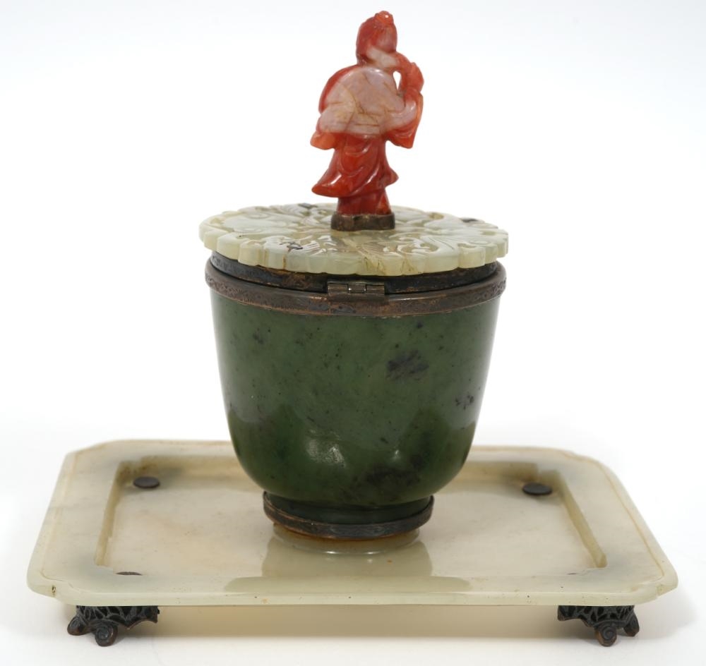 Artwork by Edward I. Farmer, Edward Farmer Sterling and Jade Inkwell, Made of Sterling, jade and stone