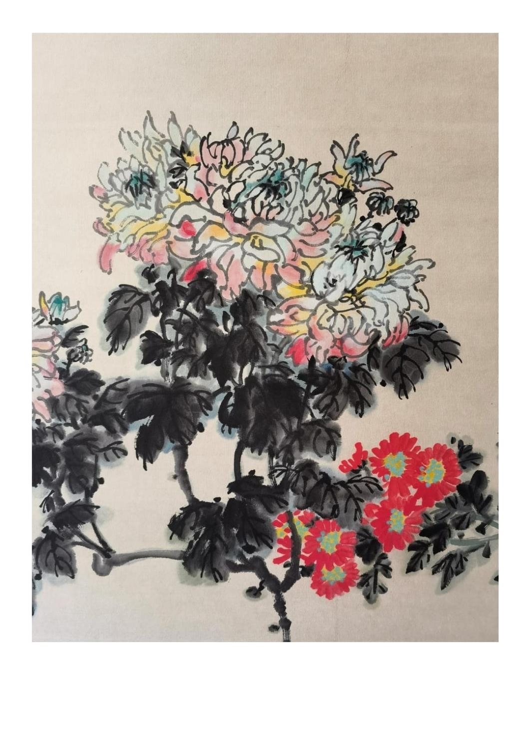 Qian Songyan | Flowers; Chinese ink and watercolour on paper scroll ...