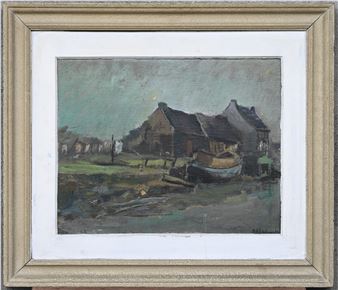 Oeverzicht met rijhuizen.” Olieverf op doek. Gesigneerd - Bert Hildebrandt