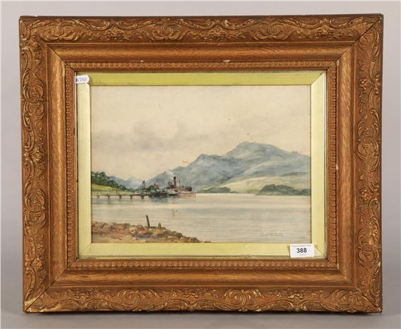 A framed watercolor landscape depicting a steamboat on a calm lake with mountains in the background.