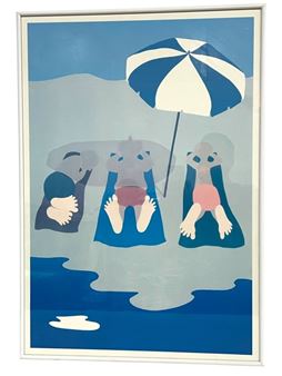 A stylized graphic print of three figures relaxing on a beach under an umbrella.